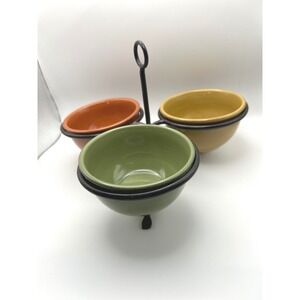 Tag Ceramic Dipping Bowl Set Metal Caddy Green Orange Yellow 3 Piece Set 7.25"